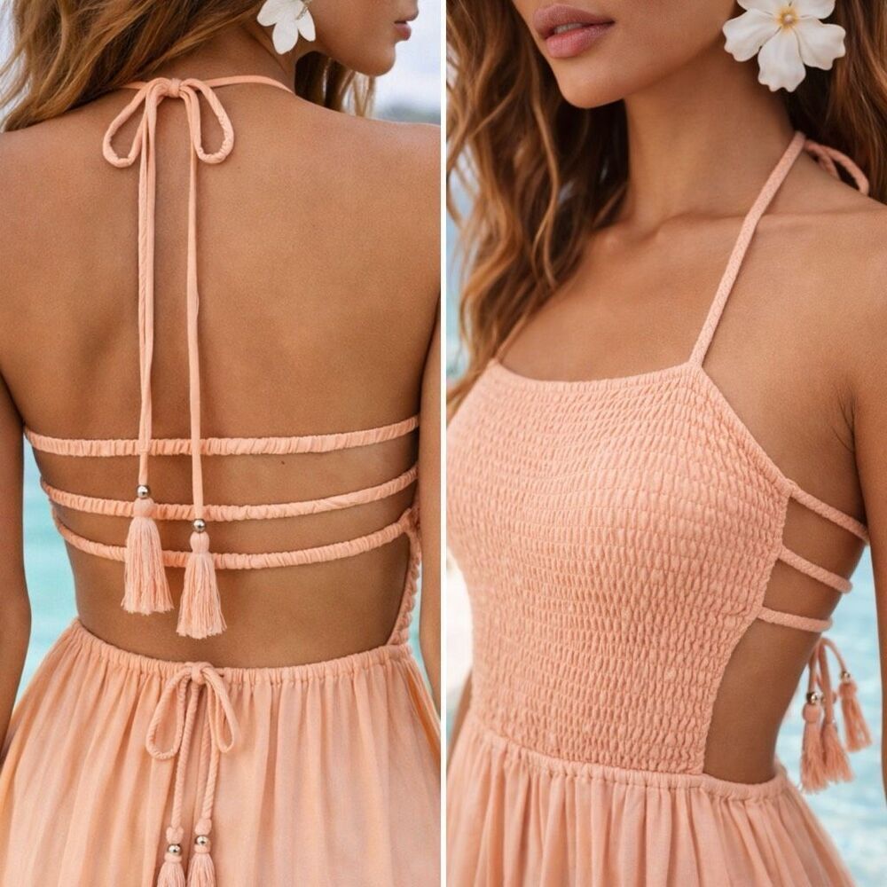 Tiare Hawaii Naia Maxi Dress S/M Peach Yellow Blue Ombre Smocked Boho Beachy - Picture 13 of 13